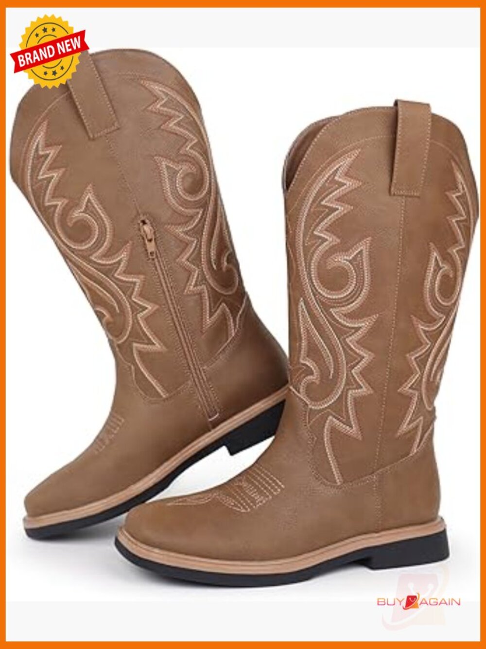 Cowboy Boots Square Toe Side Zipper Embroidered Low Heel Dress Western Mid Calf